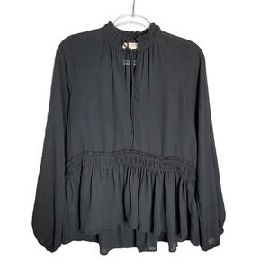 LOFT Black Victorian Blouse Small Long Sleeve Ruffle Tiered High Neck Tie‎ Neck